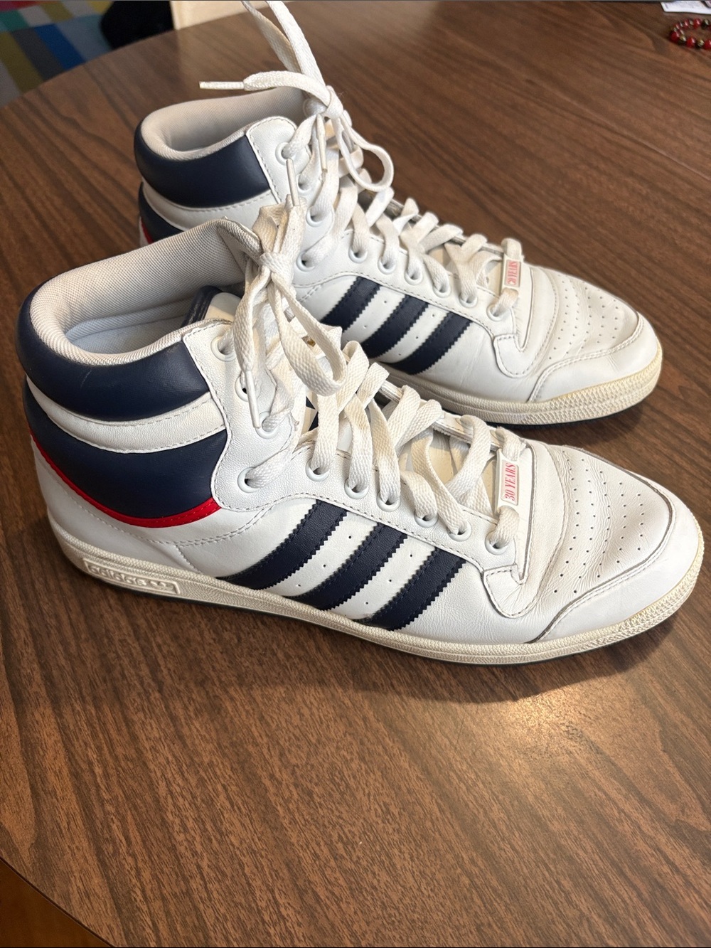Adidas Men’s Size 11.5 White Top Ten High Top Sneakers with Navy & Red Accents
